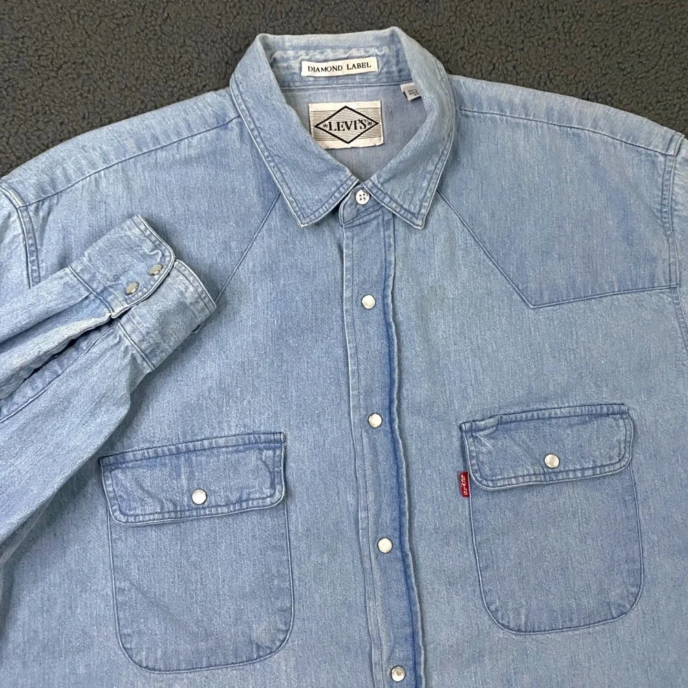 Levis Denim Western Shirt Mens Large Pearl Snap Diamond Label Blue Jean Vintage